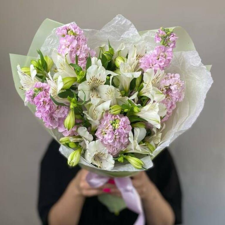 White Alstroemeria And Pink Matthiola Elegant Bouquet-A1033 - Image 3