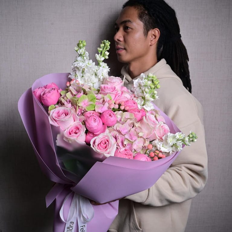 Pink Spray Peony Roses Hydrangea And Matthiola Bouquet-A1048 - Image 1