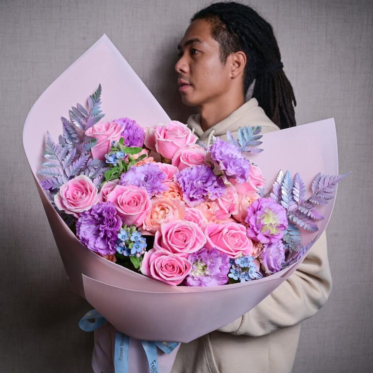 Luxury Pink Roses And Purple Hydrangea Bouquet-A1051 - Image 1