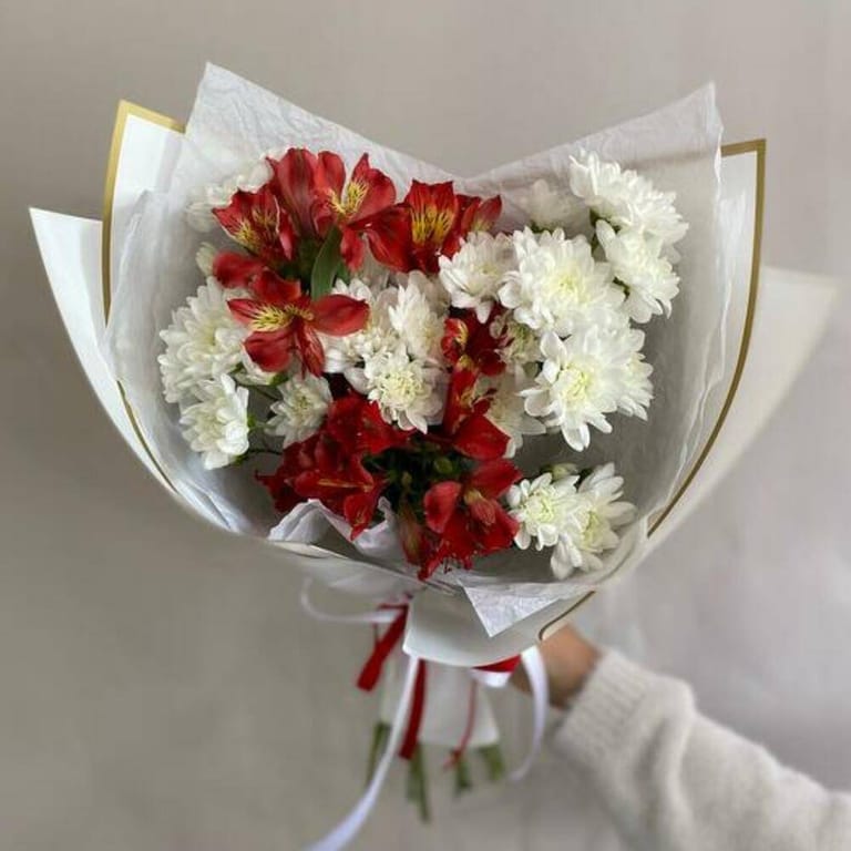 Red Alstroemeria And White Chrysanthemum Elegant Bouquet-A1036 - Image 3