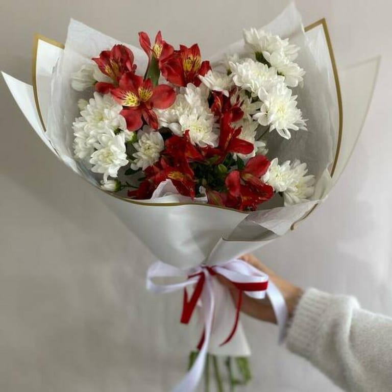 Red Alstroemeria And White Chrysanthemum Elegant Bouquet-A1036 - Image 4