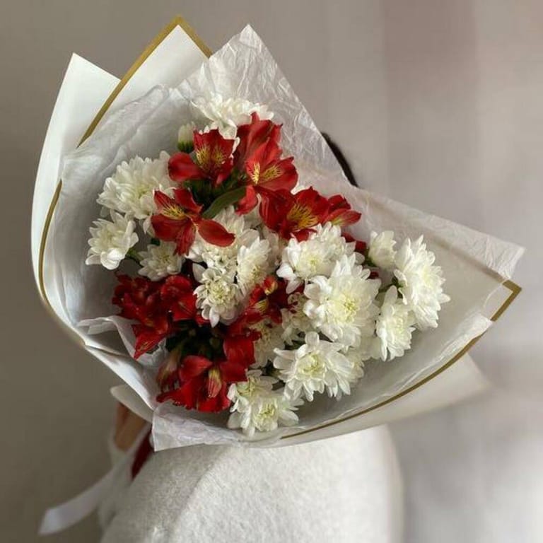 Red Alstroemeria And White Chrysanthemum Elegant Bouquet-A1036 - Image 5
