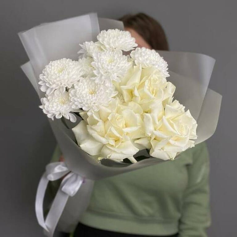 White Roses And Chrysanthemums Elegant Bouquet-A1042 - Image 4