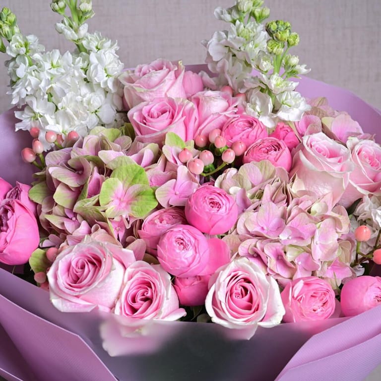 Pink Spray Peony Roses Hydrangea And Matthiola Bouquet-A1048 - Image 4