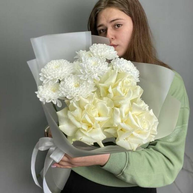 White Roses And Chrysanthemums Elegant Bouquet-A1042 - Image 6
