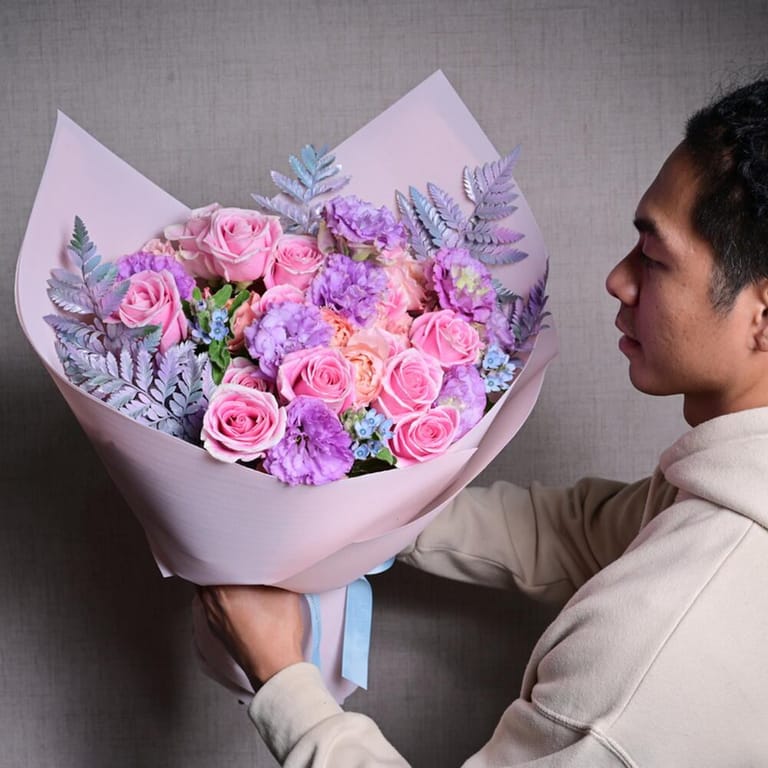 Luxury Pink Roses And Purple Hydrangea Bouquet-A1051 - Image 6