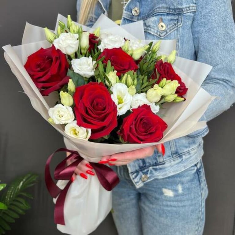 Red Roses And White Lisianthus Elegant Bouquet-A1070 - Image 1