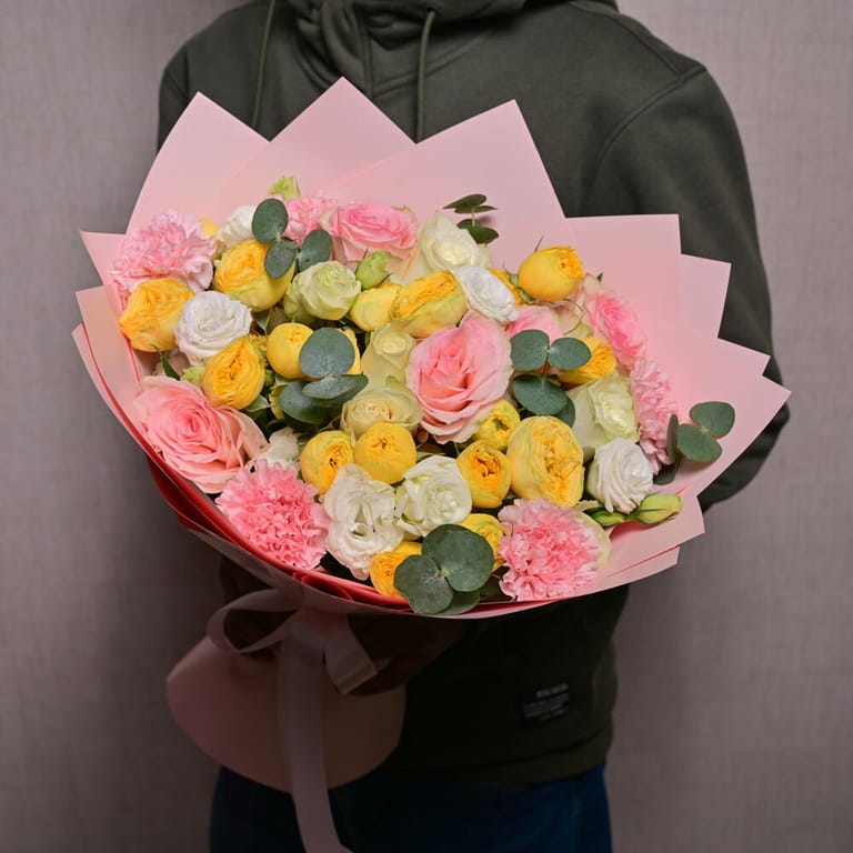 Pink Roses And Yellow peony Roses Elegant Bouquet-A1089 - Image 1