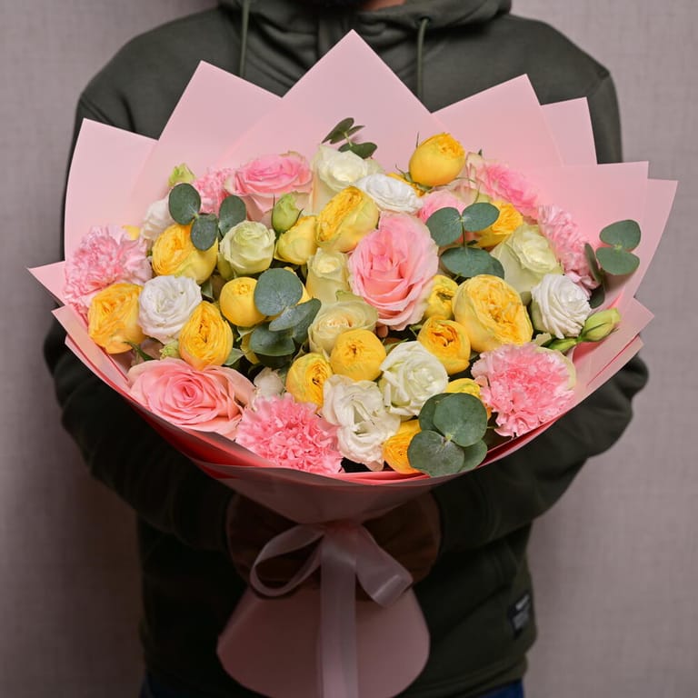 Pink Roses And Yellow peony Roses Elegant Bouquet-A1089 - Image 3