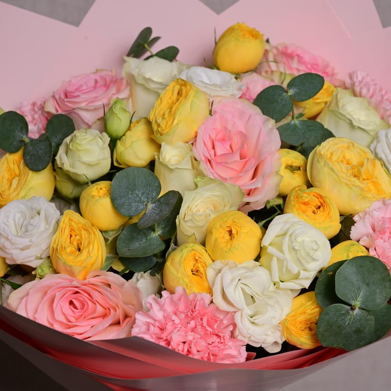 Pink Roses And Yellow peony Roses Elegant Bouquet-A1089 - Image 4