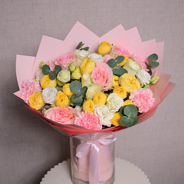 Pink Roses And Yellow peony Roses Elegant Bouquet-A1089 - Image 5