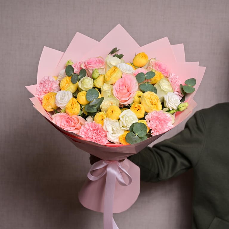 Pink Roses And Yellow peony Roses Elegant Bouquet-A1089 - Image 6