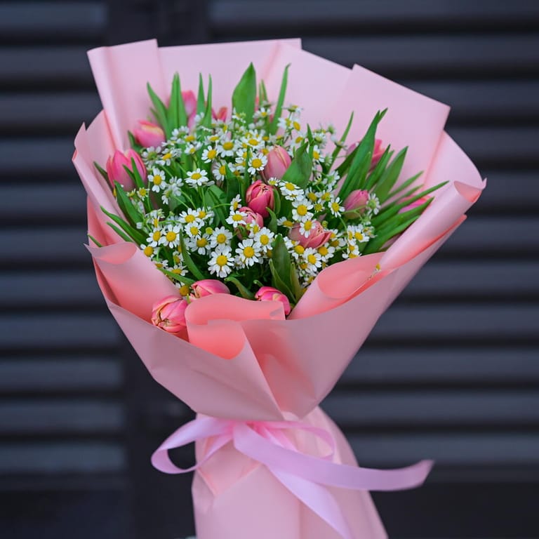 Pink Tulips And Chamomile Elegant Bouquet-A1097 - Image 1