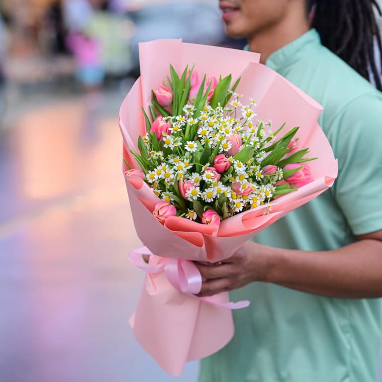 Pink Tulips And Chamomile Elegant Bouquet-A1097 - Image 2