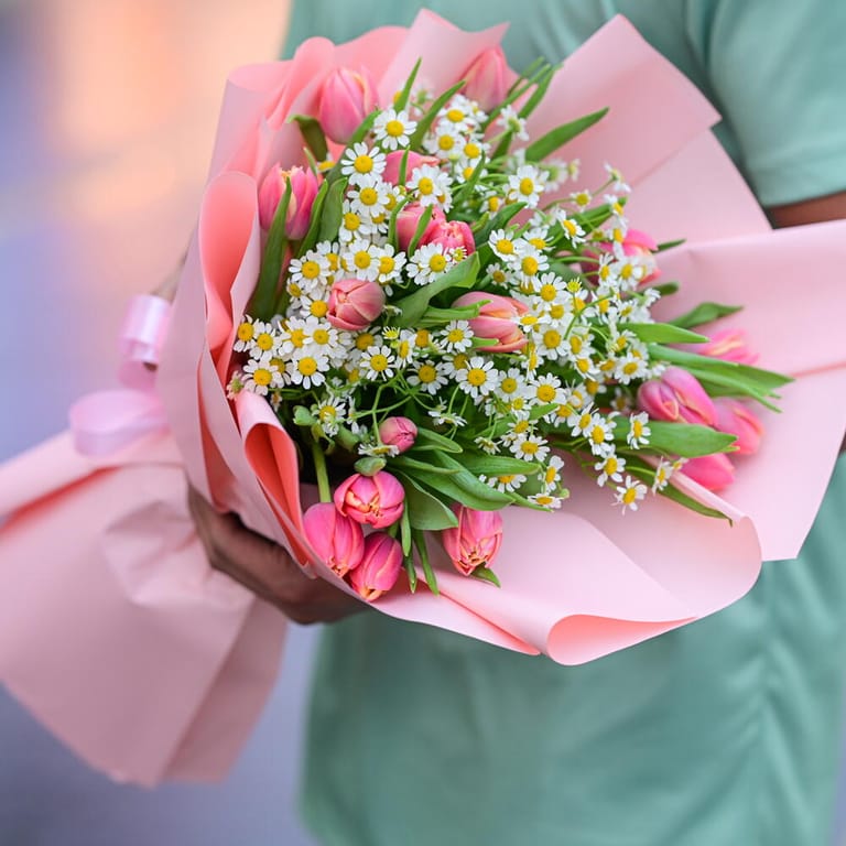 Pink Tulips And Chamomile Elegant Bouquet-A1097 - Image 3