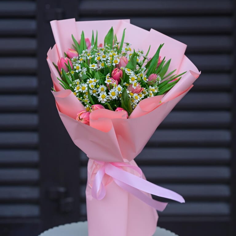 Pink Tulips And Chamomile Elegant Bouquet-A1097 - Image 4