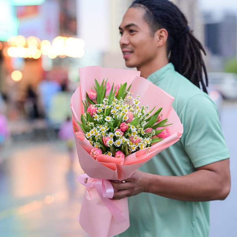 Pink Tulips And Chamomile Elegant Bouquet-A1097 - Image 5