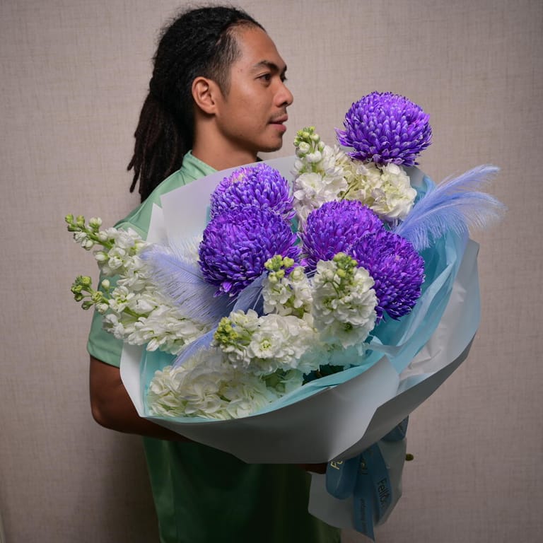 Purple Dyed Chrysanthemum Peony And White Matthiola Bouquet-A1104 - Image 1