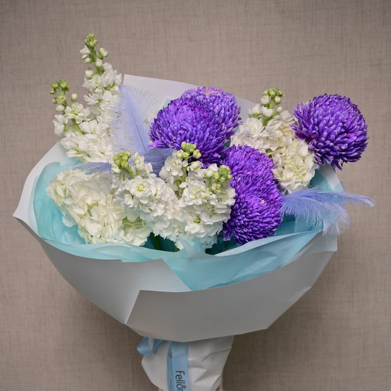 Purple Dyed Chrysanthemum Peony And White Matthiola Bouquet-A1104 - Image 2