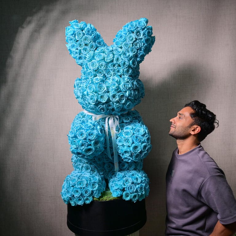 Giant Blue Preserved Roses Bunny Luxury Arrangement-A1110 - Image 1