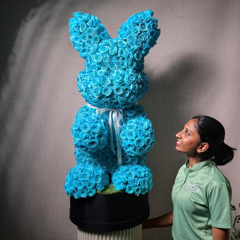 Giant Blue Preserved Roses Bunny Luxury Arrangement-A1110 - Image 3