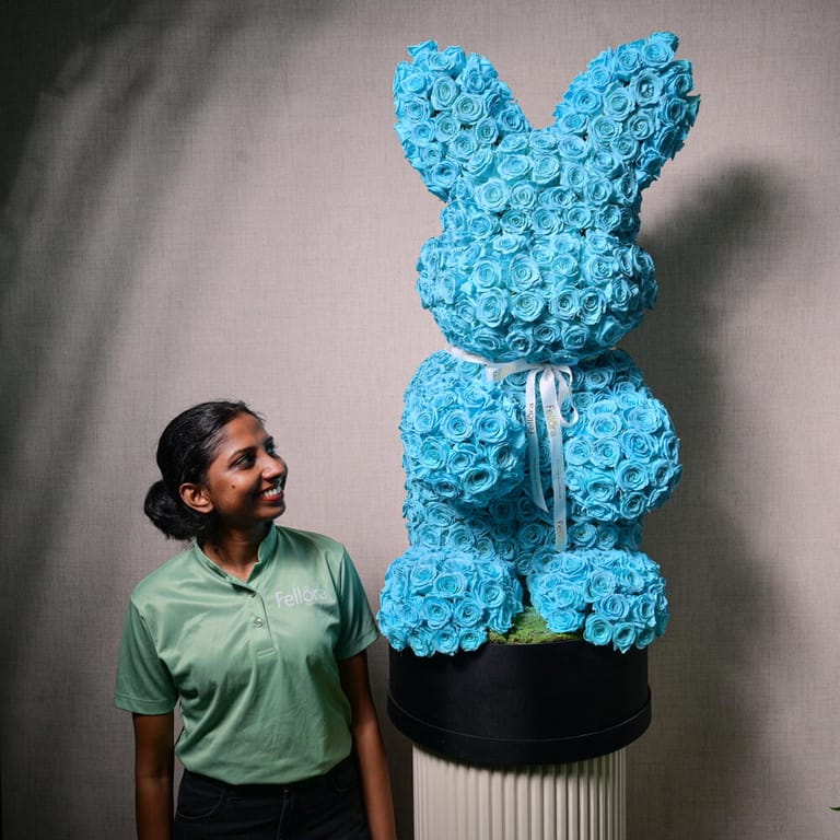 Giant Blue Preserved Roses Bunny Luxury Arrangement-A1110 - Image 5