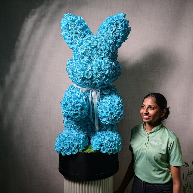 Giant Blue Preserved Roses Bunny Luxury Arrangement-A1110 - Image 6