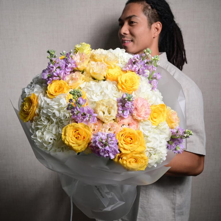 Yellow Roses White Hydrangea And Purple Matthiola Bouquet-A1123 - Image 1