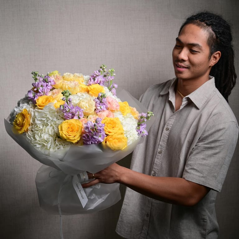 Yellow Roses White Hydrangea And Purple Matthiola Bouquet-A1123 - Image 2