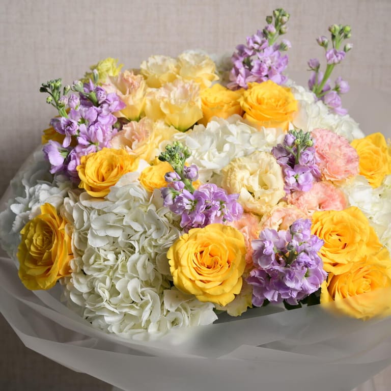 Yellow Roses White Hydrangea And Purple Matthiola Bouquet-A1123 - Image 6