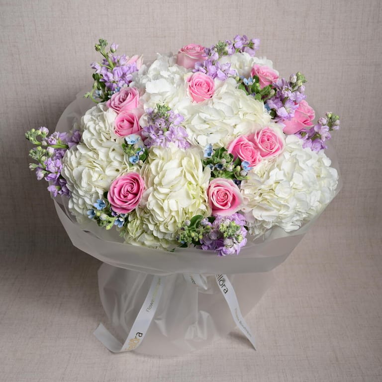 Pink Roses White Hydrangea And Purple Matthiola Bouquet-A1124 - Image 3