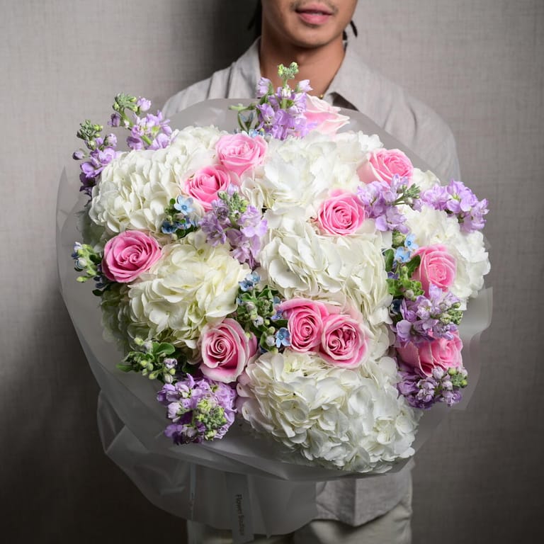 Pink Roses White Hydrangea And Purple Matthiola Bouquet-A1124 - Image 4