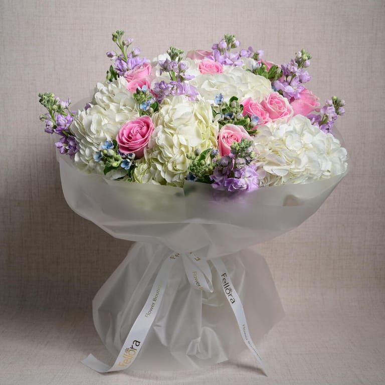 Pink Roses White Hydrangea And Purple Matthiola Bouquet-A1124 - Image 5