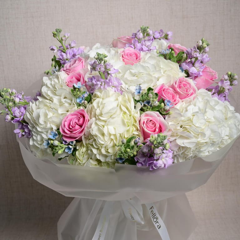 Pink Roses White Hydrangea And Purple Matthiola Bouquet-A1124 - Image 6