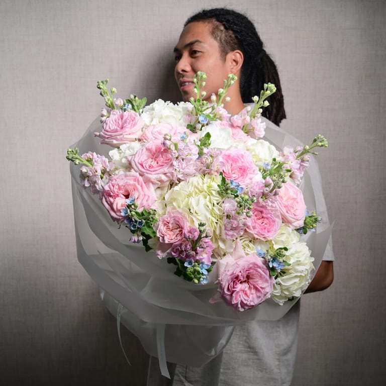 Pink Ohara Roses White Hydrangea And Matthiola Bouquet-A1127 - Image 1