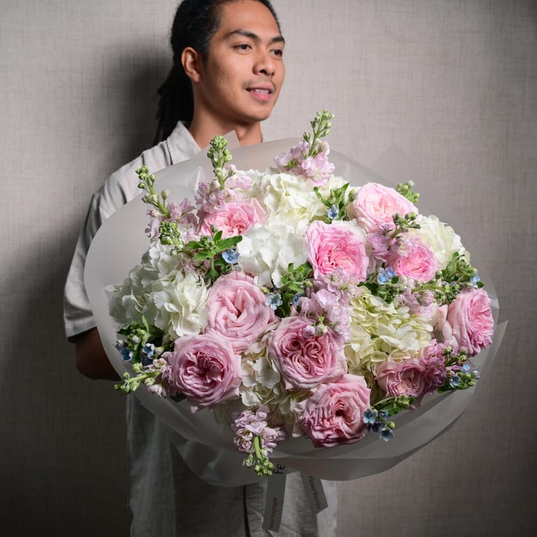Pink Ohara Roses White Hydrangea And Matthiola Bouquet-A1127 - Image 2