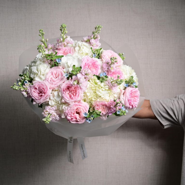 Pink Ohara Roses White Hydrangea And Matthiola Bouquet-A1127 - Image 4