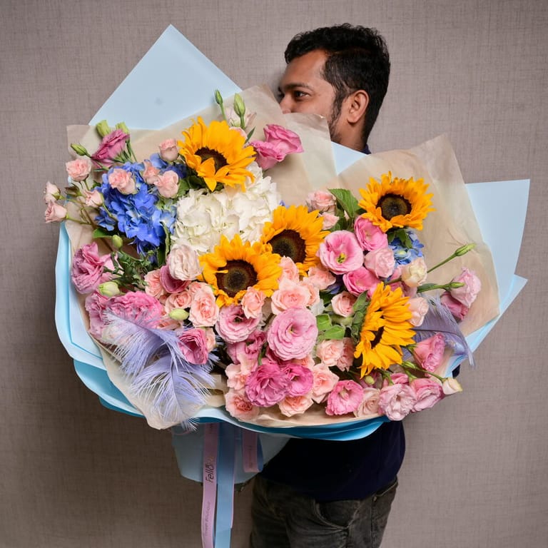 Sunflowers Hydrangea And Pink Roses Grand Luxury Bouquet-A1169 - Image 1