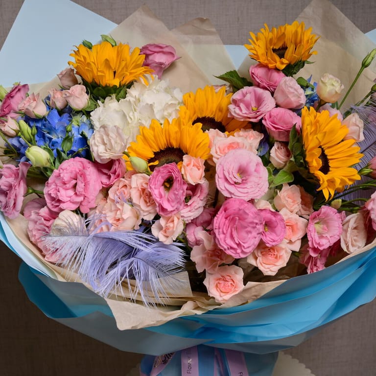 Sunflowers Hydrangea And Pink Roses Grand Luxury Bouquet-A1169 - Image 4