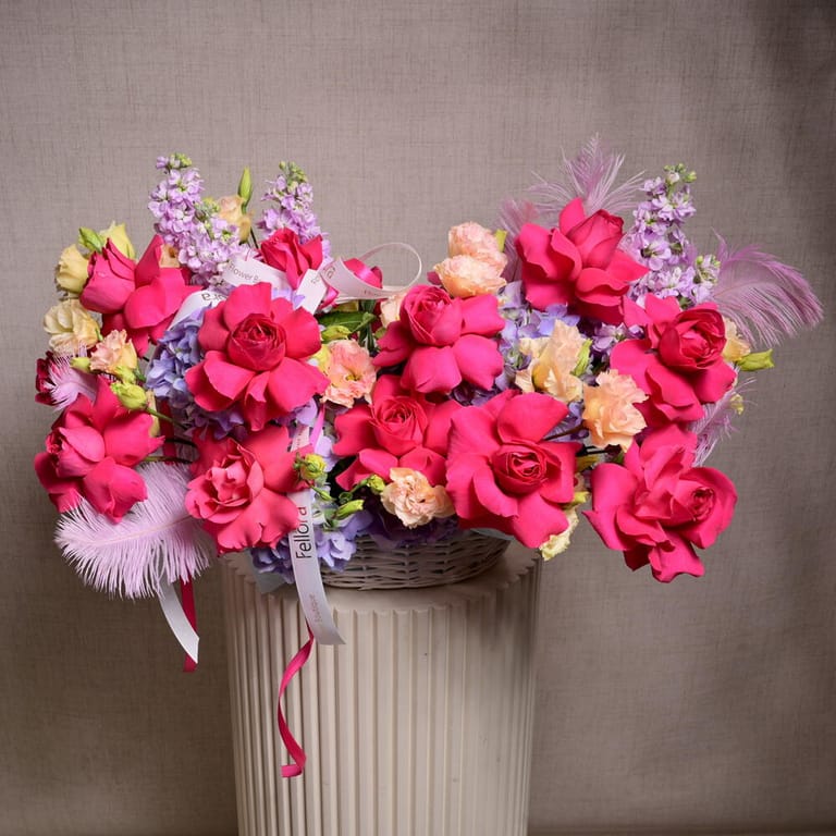 Hot Pink Roses And Purple Matthiola Basket Arrangement-A1170 - Image 1