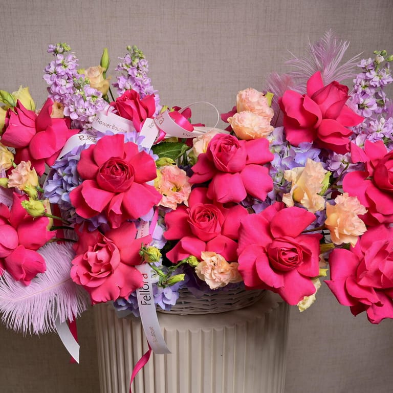 Hot Pink Roses And Purple Matthiola Basket Arrangement-A1170 - Image 3