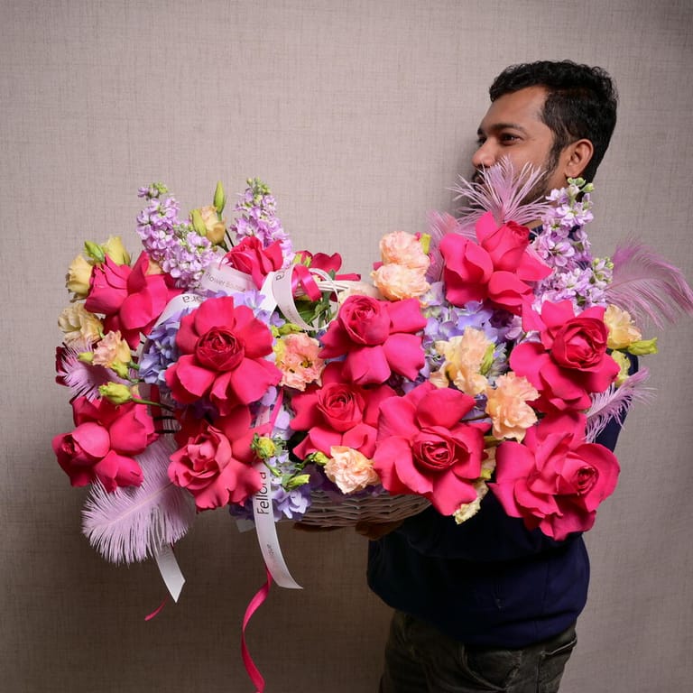 Hot Pink Roses And Purple Matthiola Basket Arrangement-A1170 - Image 4