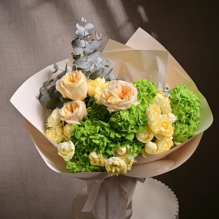 Green Hydrangea And Julietta Limoncella Peony Roses Bouquet-A1187 - Image 2