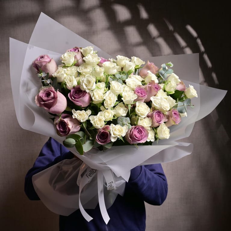 Purple Roses And White Spray Roses Luxury Bouquet-A1189 - Image 1