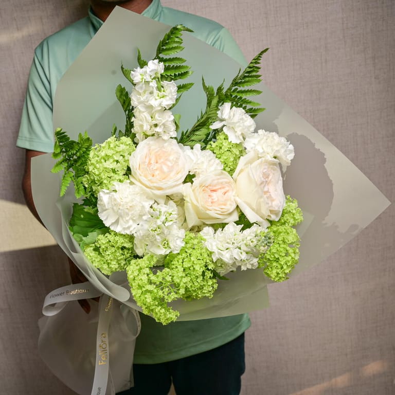 Green Viburnum And White Ohara Roses Luxury Bouquet-A1196 - Image 1
