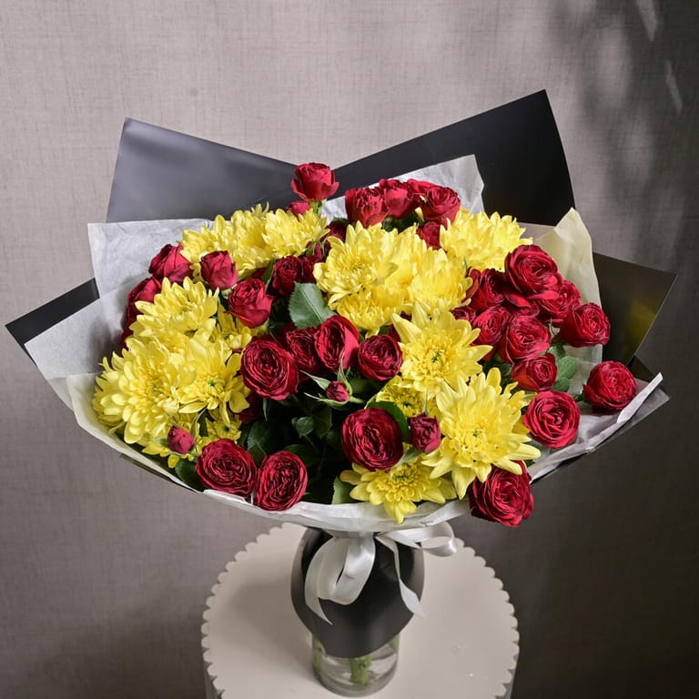 Red Spray Roses And Yellow Chrysanthemums Bouquet-A1210 - Image 2