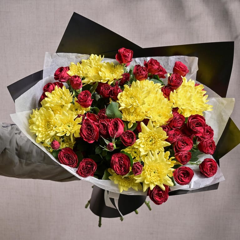 Red Spray Roses And Yellow Chrysanthemums Bouquet-A1210 - Image 4