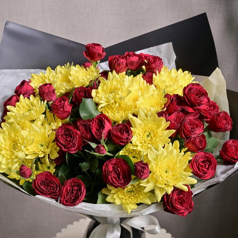Red Spray Roses And Yellow Chrysanthemums Bouquet-A1210 - Image 5