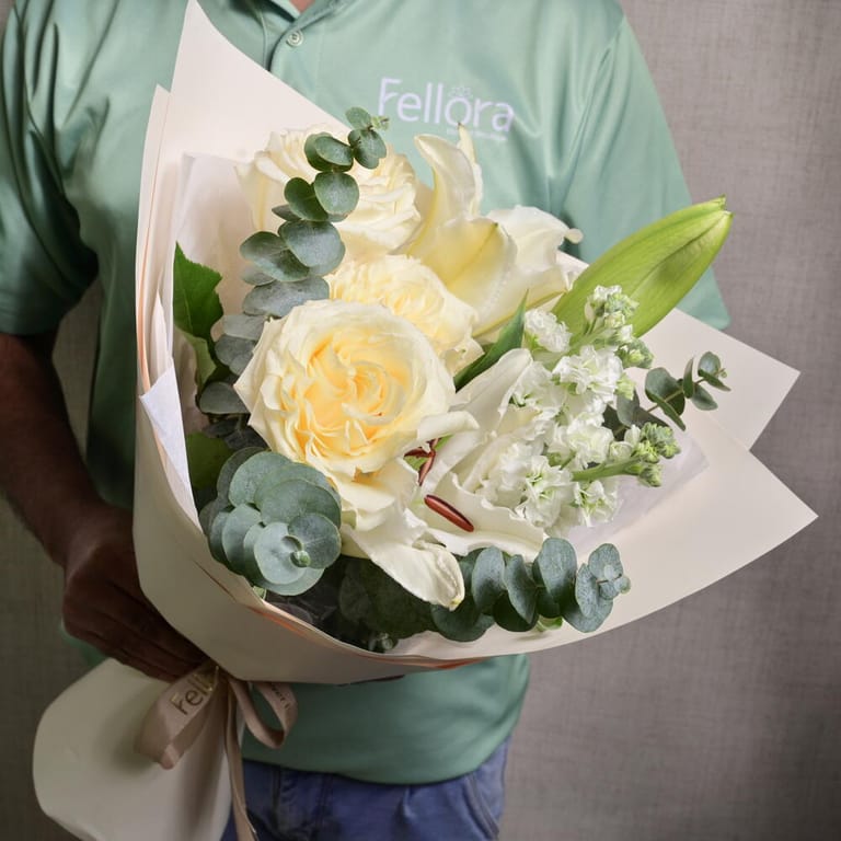Cream Expression Roses White Lilies And Matthiola Bouquet-A1211 - Image 2