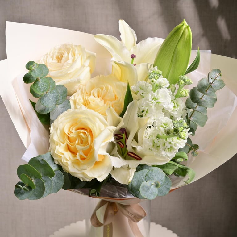 Cream Expression Roses White Lilies And Matthiola Bouquet-A1211 - Image 5